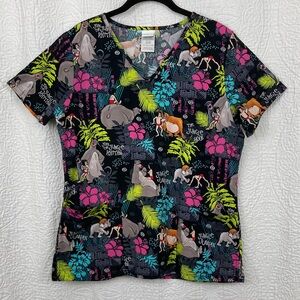 Disney Jungle Book Colorful Tropical Print Scrub Top sz Small
